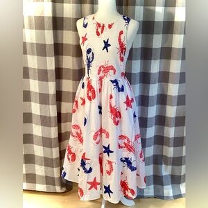 J. Crew White with Lobster Print Smocked Midi Dress